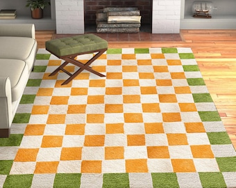 Area Rug 8x10, Tufted Wool Carpet, Orange Green Rugs ! 7x10, 6x9, 6x8 ! Geometric Design, Bed, Living Room Carpets