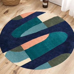 7x7 Round Rug for Dining Room, Hand Tuft 8x8, 9x9 Geometric Wool, Blue Area Rug, Contemporary Bed, Living Room Carpet image 7