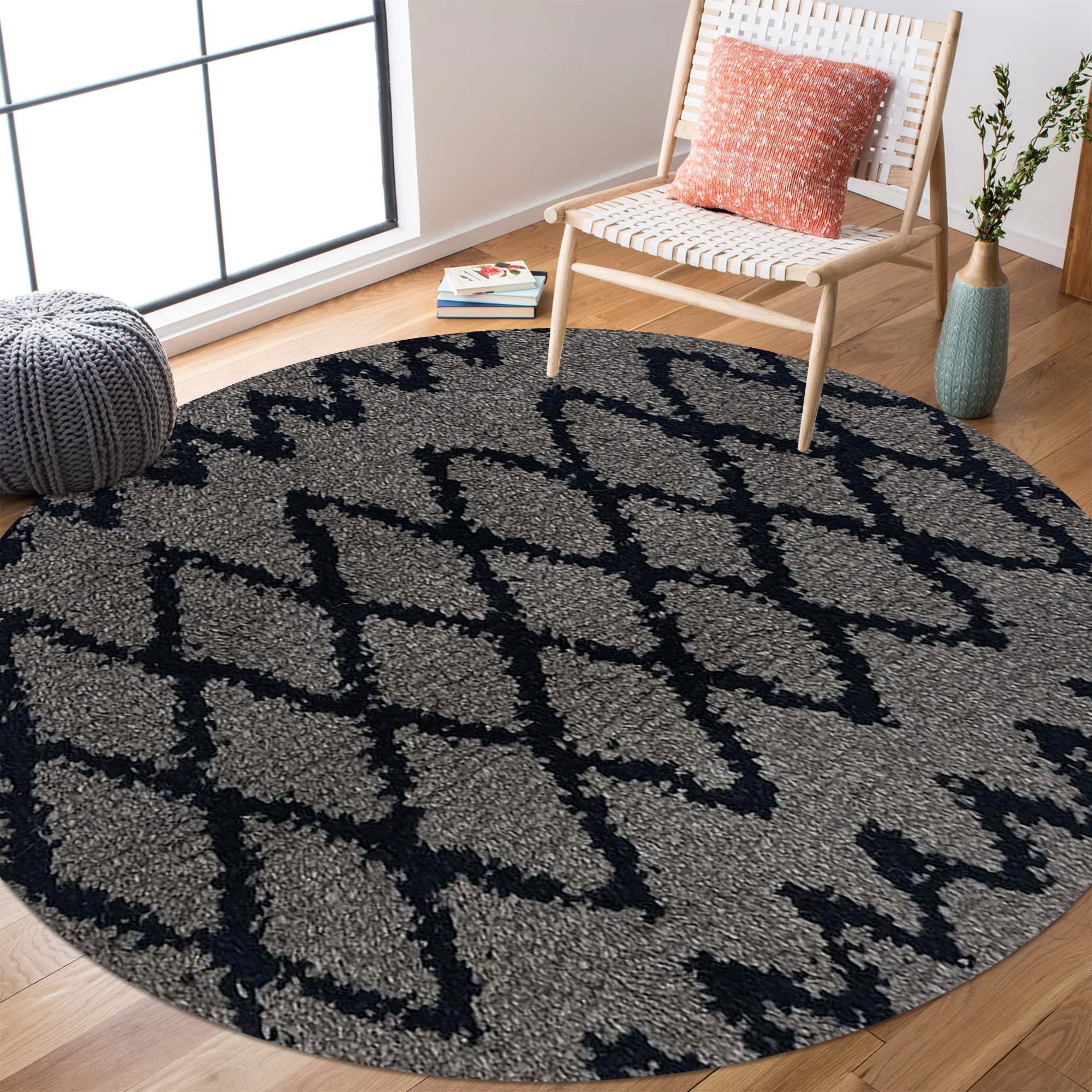 Round Grey Rug Wool Hand-tufted Wool Round Rug: Dark Gray Geometric Carpet - Etsy
