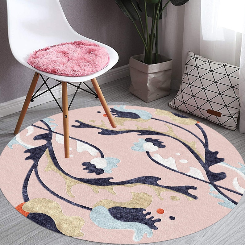Round Tufted Rug 9x9, Wool Tufte, Geometric Carpet 8x8, 7x7, 6x6 5x5 Pink Area Rugs, Hallway, Dining, Bed, Room Carpets image 1