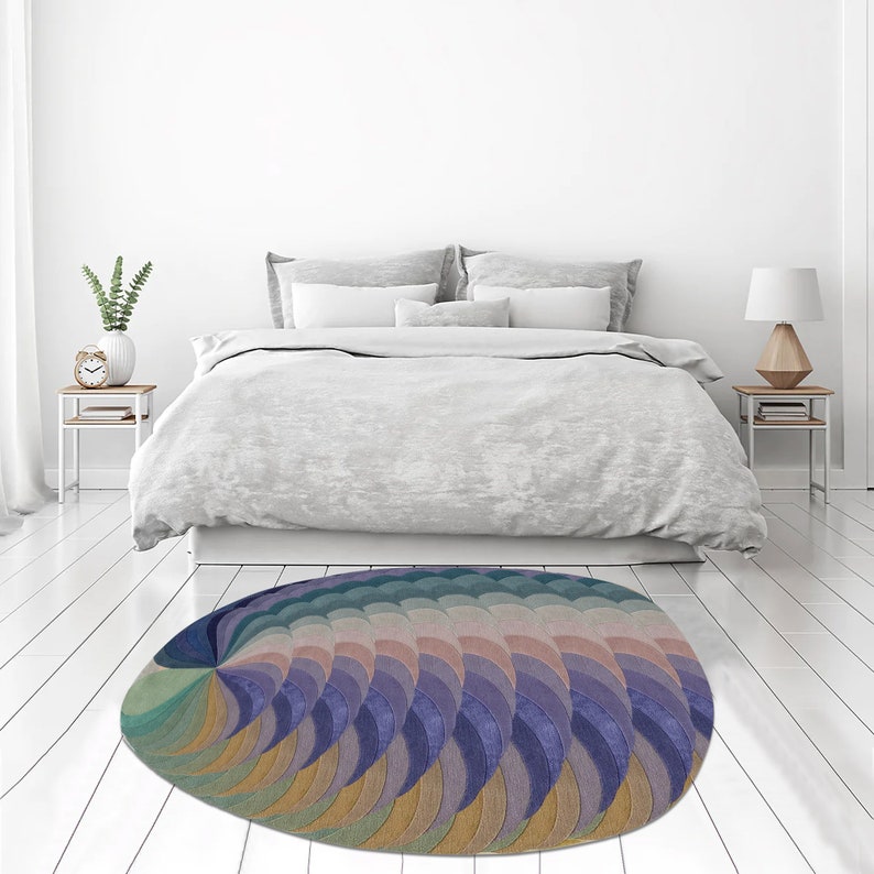 Handtufted Rug 9x10, Abstract Wool, Oval Shape 8x11, 7x10, 6x9 Peacock Feather Rugs, Hallway, Bed, Living Room Carpets image 5