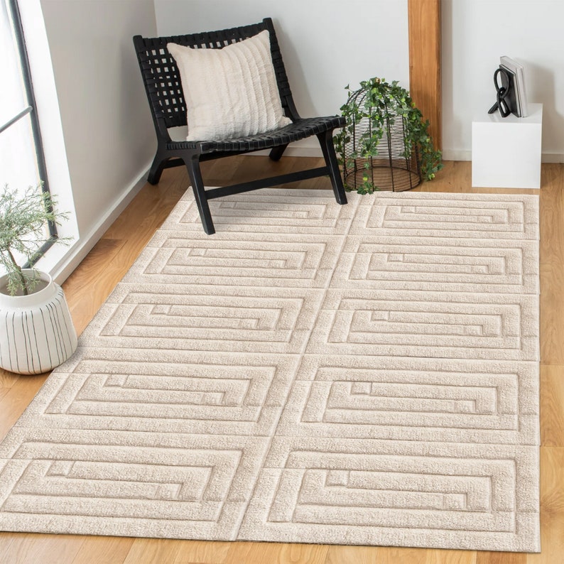 Beige Wool Carpet ! Hand Knitted ! Geometric Design ! 5x7, 6x8, 7x10 ! 8x11 Bedroom Rugs ! 9x13 Living Room Carpets