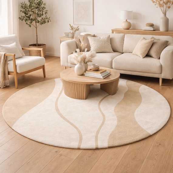 Round Ivory Swirl Rug | Abstract Crea...