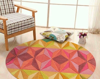 Round tufted rug 6x6, Geometric carpet, Handmade ! 7x7, 8x8, 9x9 ! Hallway, Bed, Living, room carpets, Contemporary area rugs