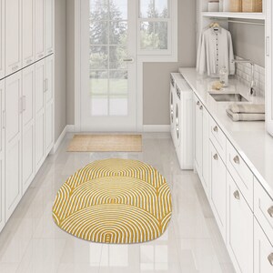 5x6 Oval Yellow Wool Rug | Scalloped Design | Hand Tufted | Modern Bedroom Rugs