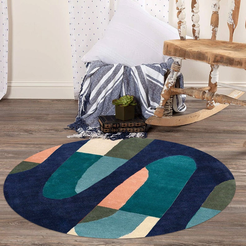 7x7 Round Rug for Dining Room, Hand Tuft 8x8, 9x9 Geometric Wool, Blue Area Rug, Contemporary Bed, Living Room Carpet image 5