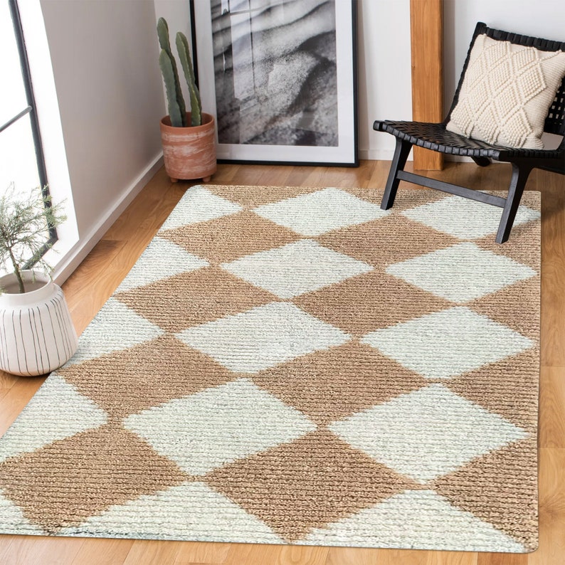 Wool Tuft Rug 5x8, Geometric Carpets, Tan White Rugs ! 6x9, 7x10, 8x11 ! Bed, Living, Kids Room Carpet, Handmade