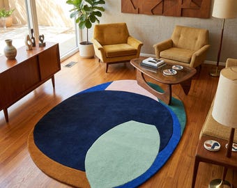 Handgetuftete Wollteppiche 200x300 Blau, Abstrakte Ovale Form Teppich für Wohnzimmer