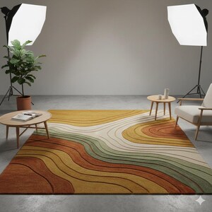 Hand-Tufted Wavy Pattern Rug – Modern Area Rugs in Rust, Mustard Sage Green
