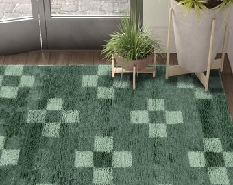 Green Area Rug 8x11 ! Hand Knotted Carpet ! Geometric Wool ! 8x10, 7x10, 6x9 ! Bed, Living, Room Carpets ! Rectangular Rugs