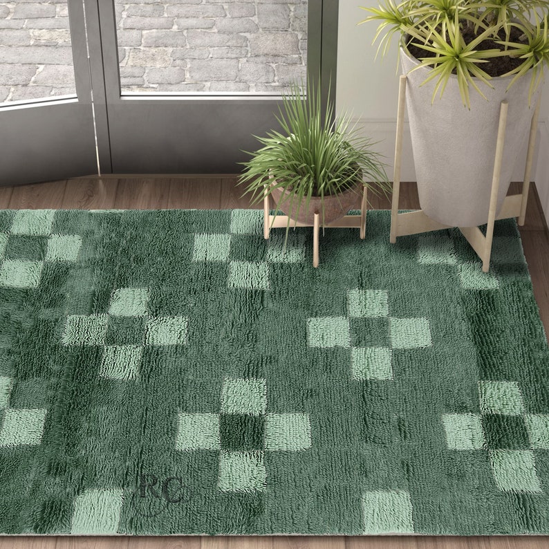 Green Area Rug 8x11 Hand Knotted Carpet Geometric Wool 8x10, 7x10, 6x9 Bed, Living, Room Carpets Rectangular Rugs image 1