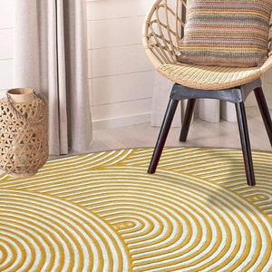5x6 Oval Yellow Wool Rug | Scalloped Design | Hand Tufted | Modern Bedroom Rugs