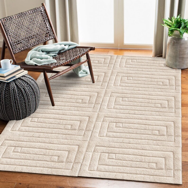 Beige Wool Carpet ! Hand Knitted ! Geometric Design ! 5x7, 6x8, 7x10 ! 8x11 Bedroom Rugs ! 9x13 Living Room Carpets