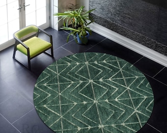 Emerald Green Area Rug ! 5X5, 6X6, 7X7, 8X8 ! Hand Woven ! Contemporary Round Rugs for Bed, Living, Kids Room ! Geometric Wool ! Nursery Rug