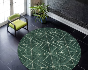 Tappeto in lana verde smeraldo tessuto a mano: tappeto rotondo geometrico