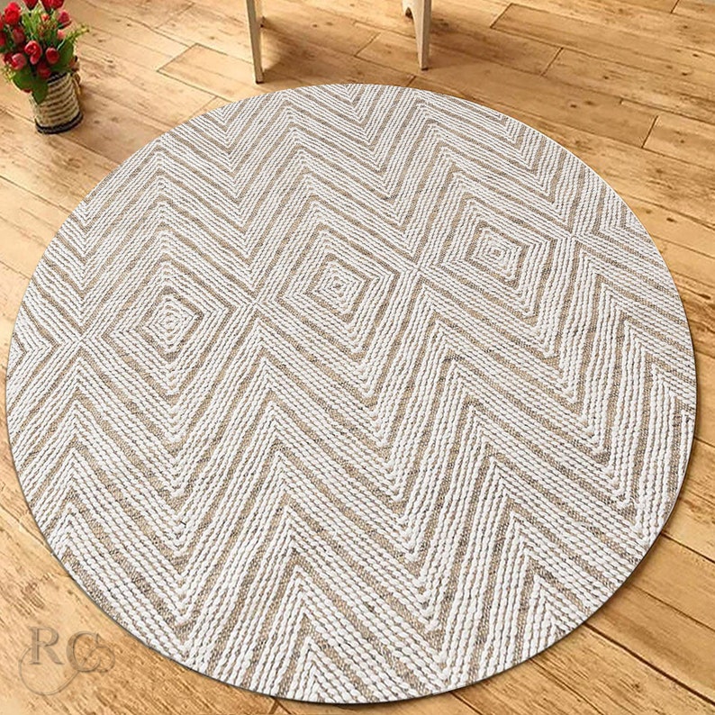 Round Area Rug 6x6 ! Hand Woven ! Geometric Wool ! 7x7, 8x8, 9x9 ! Bed, Living, Room Carpet ! Flat Weave Rugs