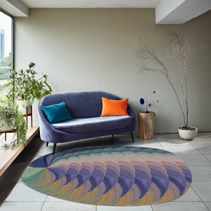 Handtufted Rug 9x10, Abstract Wool, Oval Shape 8x11, 7x10, 6x9 Peacock Feather Rugs, Hallway, Bed, Living Room Carpets image 4