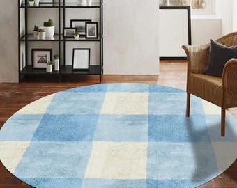 10x10 Round Area Rug, Hand Weaved ! 9x9, 8x8, 7x7 ! Woolen Carpet, Blue and Cream Color, Bed, Living Room Rugs