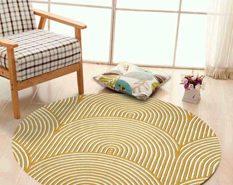 Hand Tufted Rug ! 5X5, 6X6, 7X7 ! Round Area Rug ! Geometric Wool ! Yellow Carpet ! Bed, Living Space Hallway Carpets ! Custom Available