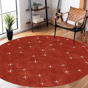 Terracotta color rugs, 8x8, 9x9, 10x10, 11x11, Geometric design, Tufted carpet, Hallway, Bed, Living, room, Round shape, Wool area rug