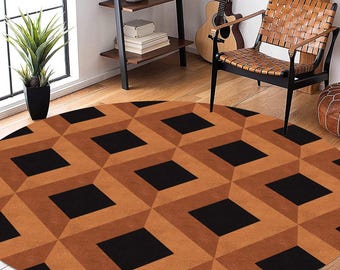Hand Tufted Wool Round Rug | Brown Geometric Carpet