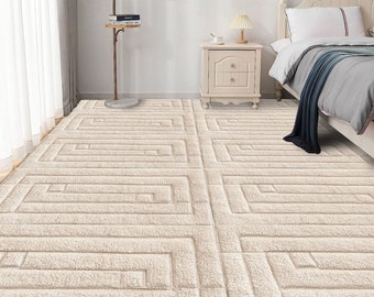 Beige Wool Carpet ! Hand Knitted ! Geometric Design ! 5x7, 6x8, 7x10 ! 8x11 Bedroom Rugs ! 9x13 Living Room Carpets
