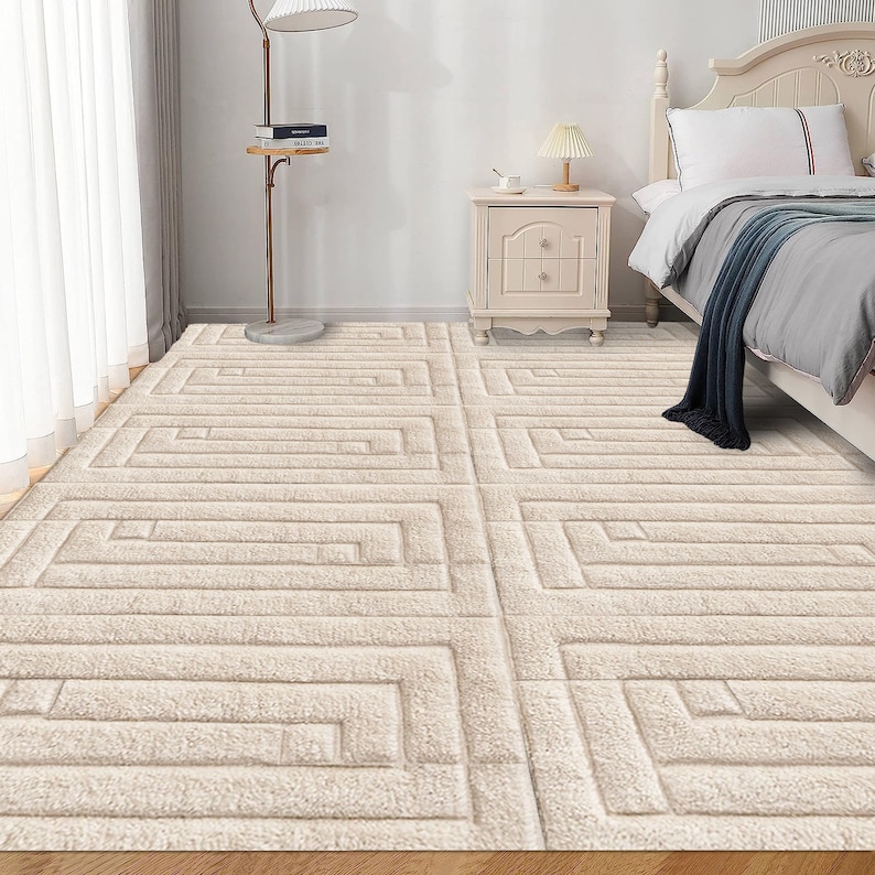 Beige Wool Carpet ! Hand Knitted ! Geometric Design ! 5x7, 6x8, 7x10 ! 8x11 Bedroom Rugs ! 9x13 Living Room Carpets