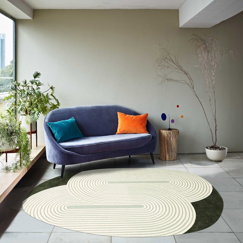 Oval Rug 4x6, Hand Tufte, Emerald Green Carpet 5x7, 6x8, 6x9 7x10 Bedroom Rugs, 8x11 Living Room Carpet, Geometric Wool image 1