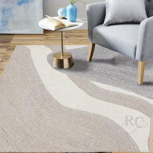 Tufted Wool Rug 9x13 ! Handmade Carpet ! Area Rug 8x10 ! 7x10, 6x9, 5x8 ! Ivory Grey Color ! Geometric Design ! Bed, Living, Room, Hallway