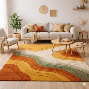 Hand-Tufted Wavy Pattern Rug – Modern Area Rugs in Rust, Mustard Sage Green