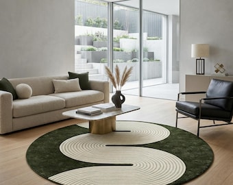Hand Tufted Abstract Round Rug, Modern Wave Moss Green Rugs Living Room, Tuffed