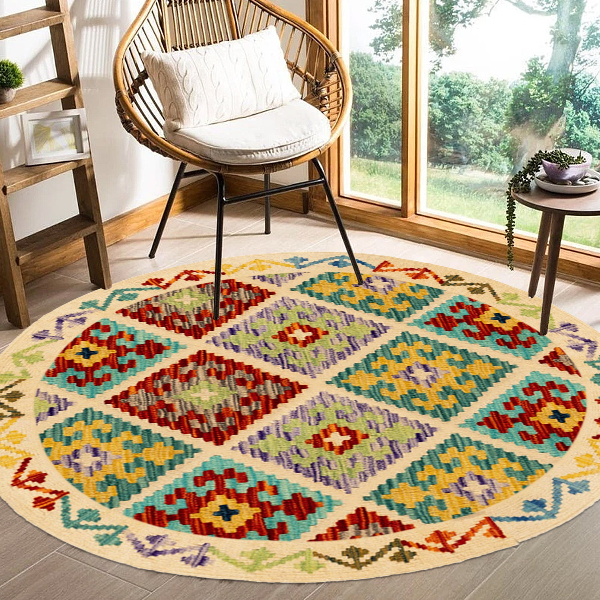 幾何学模様の手織りウールラグ モダンなマルチカラーデザインラグ、手織りの幾何学模様のウールラグ