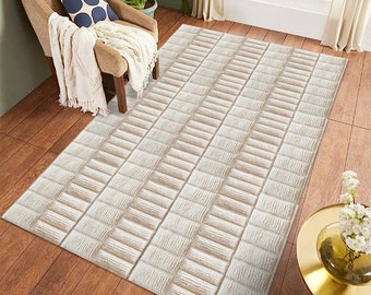 Cream Area Rug 5x7, Hand Woven ! 6x8, 6x9, 7x10, 8x11 ! Flat Weave Carpets, Geometric Design, Fluffy Wool Rugs, Bed, Living, Room Carpet