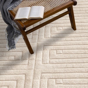 Beige Wool Carpet ! Hand Knitted ! Geometric Design ! 5x7, 6x8, 7x10 ! 8x11 Bedroom Rugs ! 9x13 Living Room Carpets