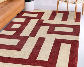 Hand woven rug 5x7, 6x8 ! 6x9, 7x10 Geometric carpet ! Beige and Maroon color ! Flat weave ! Rectangle shape carpets ! Bed, Living room rugs