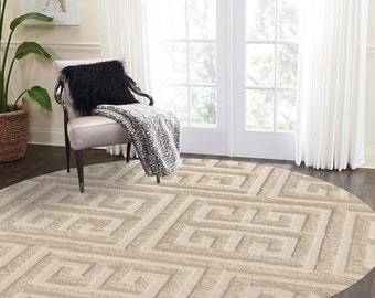 Cream area rug 5x5, 6x6, Hand woven carpet 7x7, 8x8, Round shaped, Geometric wool, Bed, Living, Kids, room rugs