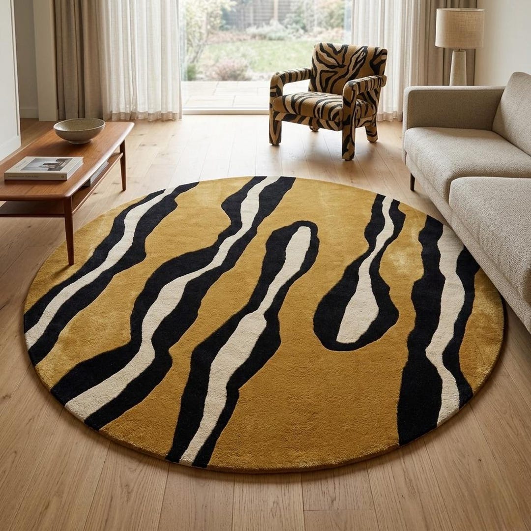 Hand Tufted Wool Tiger Print Round Rug, Abstract Animal Area Mustard ...