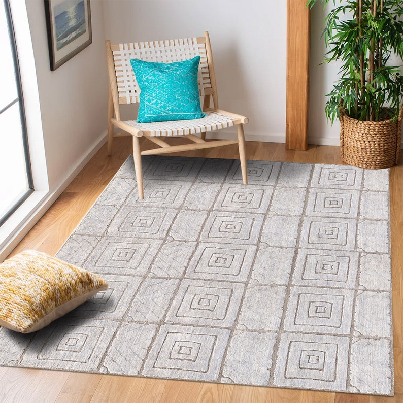 9x13 Viscose Rug, Knitted Wool, Geometric Area Rugs ! 8x12, 7x10, 6x8 ! Handmade, Beige Carpets, Hallway, Bed, Living, Room