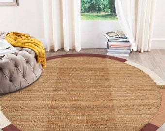 Round Area Rug 9x9 ! Hand Woven Carpet ! 8x8, 7x7, 6x6 ! 5x5 Bedroom Rug ! Mustard Wool ! Geometric Design ! Living Room, Hallway Carpets