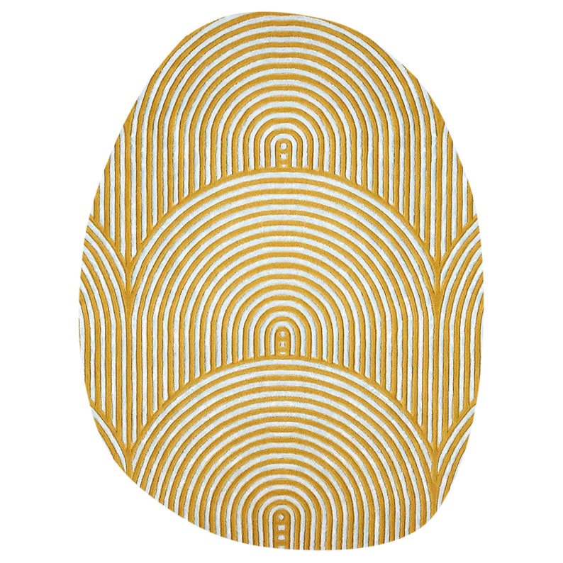 5x6 Oval Yellow Wool Rug | Scalloped Design | Hand Tufted | Modern Bedroom Rugs