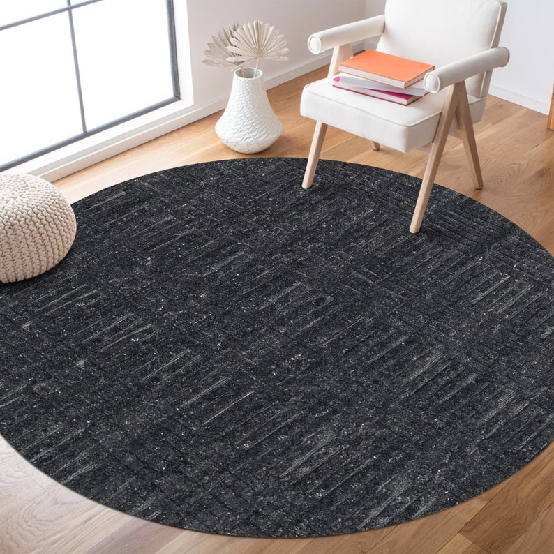 Black Area Rug 5x5 ! 6x6 Living Room Carpet ! Geometric Wool ! 7x7, 8x8, 9x9 ! 10x10 Hand Knotted Rugs ! Round Shape