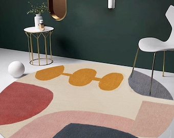6x6 Geometric Rug, Living Room Carpet 7x7 ! 8x8, 9x9, 10x10 ! Hand Tuft, 5x5 Bedroom Area Rugs, Round Woolen Carpets