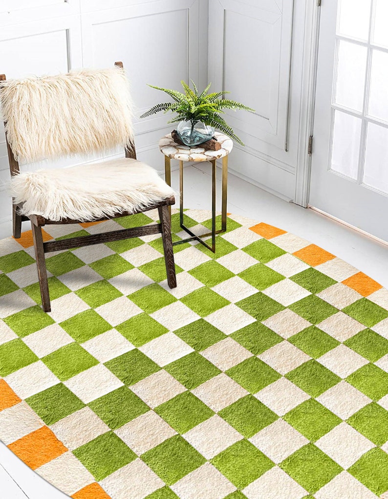 Hand Tufted Rug 5x8, Geometric 6x9 Wool, Orange Green Rugs ! 7x10, 8x11, 9x12 ! Oval Area Carpet, Bed, Living, Room, Hallway