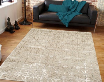 7x10 Tufted Rug, Handmade Carpet ! 6x8, 5x7 ! Woolen Area Rug, Geometric Design, Beige Color, Contemporary Bed, Living Room