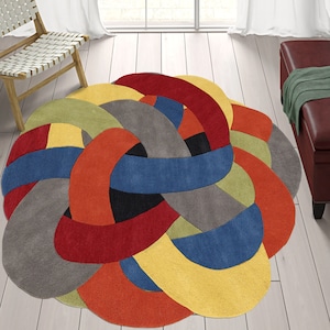 Round Wool Rug 6ft 8ft 10ft|Hand Tufted Area Rug|Modern Carpet for Living Room, Bedroom, Circle Rug, Multi Color