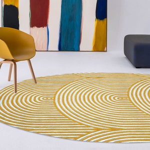 5x6 Oval Yellow Wool Rug | Scalloped Design | Hand Tufted | Modern Bedroom Rugs