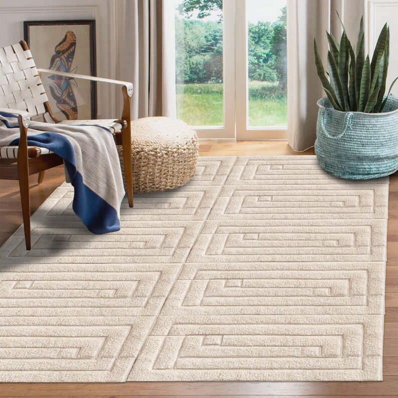 Beige Wool Carpet ! Hand Knitted ! Geometric Design ! 5x7, 6x8, 7x10 ! 8x11 Bedroom Rugs ! 9x13 Living Room Carpets