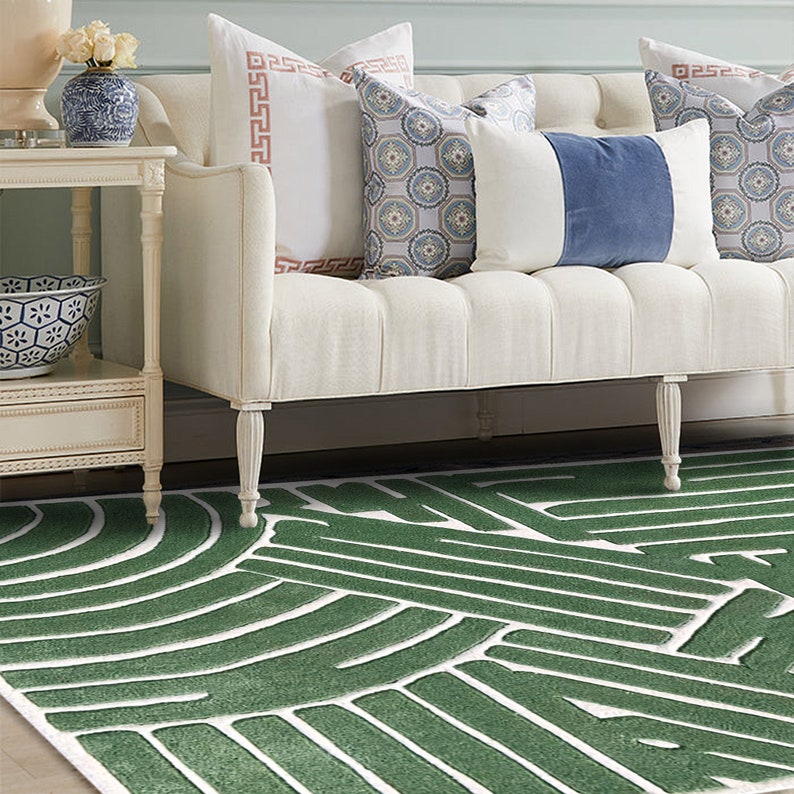 5x8 Green Area Rug ! Hand Tuffed ! Geometric Wool ! 6x9, 7x10, 8x11 ! Bed, Living, Room Carpets ! Rectangular Rugs