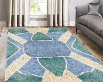 Hand Woven Rug 5x7 ! 6x8, 7x10, 8x11 ! 9x13 Bedroom Carpet ! Geometric Design ! 10x10 Living Room Rugs ! Blue and Cream Carpets