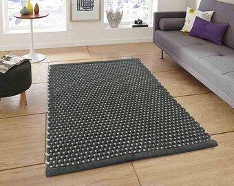 Hand Woven Wool Area Rug: Contemporary Green Geometric Carpet